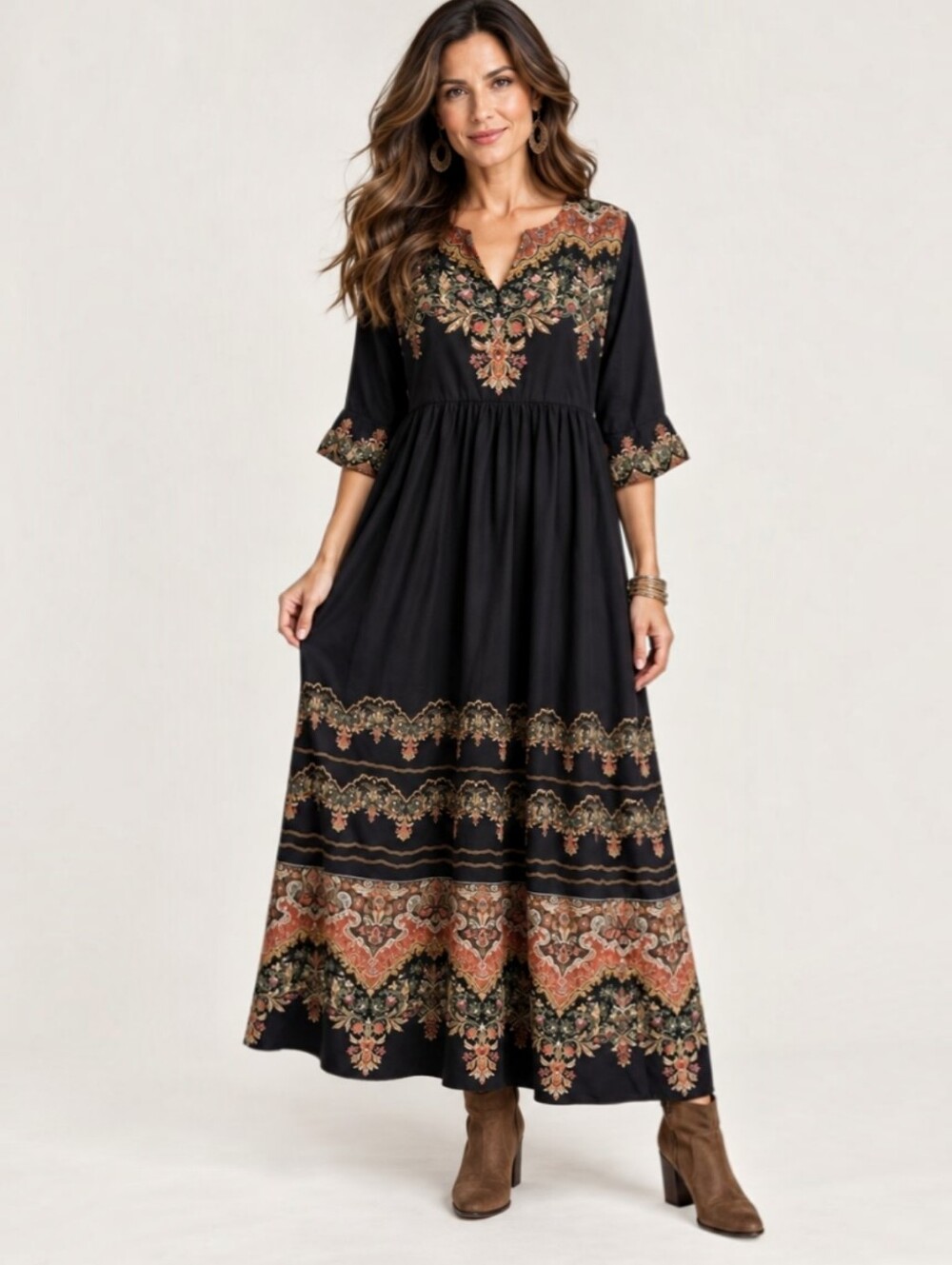 Noracora Black Floral Boho Midi Dress Small Embroidered Border NWT